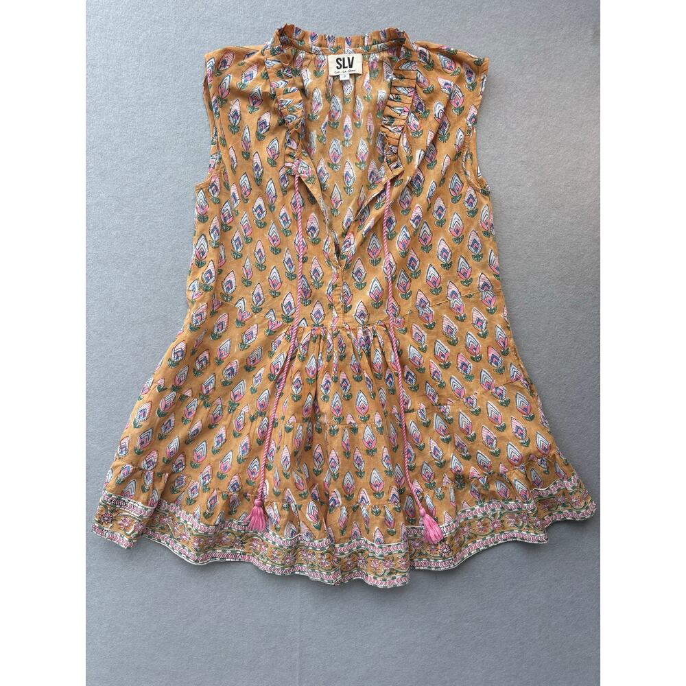 SLV Sur La Vague Cap Sleeve Mini Tulip Print Dress Pink Tassel Ruffle Neck SZ P